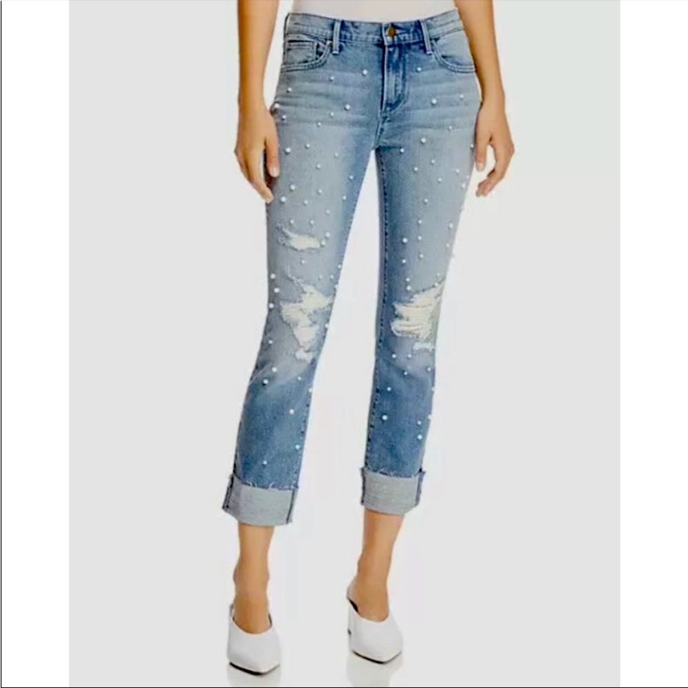 Aqua Pearl Embellished Distressed Straight Leg Jeans Ankle Cropped Size 26